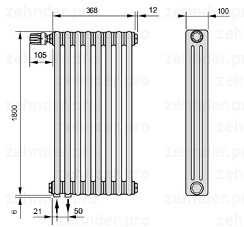 Схема (чертеж) Радиатор Zehnder Charleston 3180/8 №V001 Белый глянцевый RAL 9016